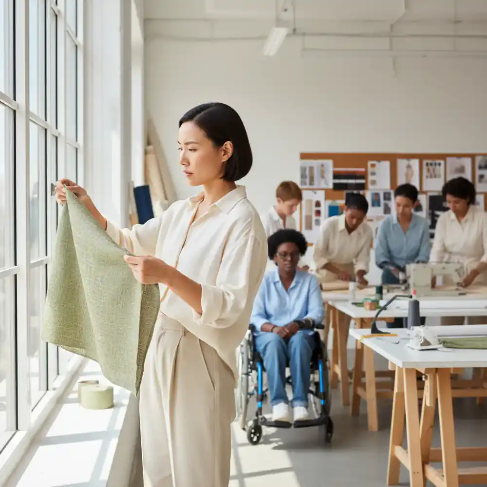 Designerin prüft sorgfältig einen Stoff