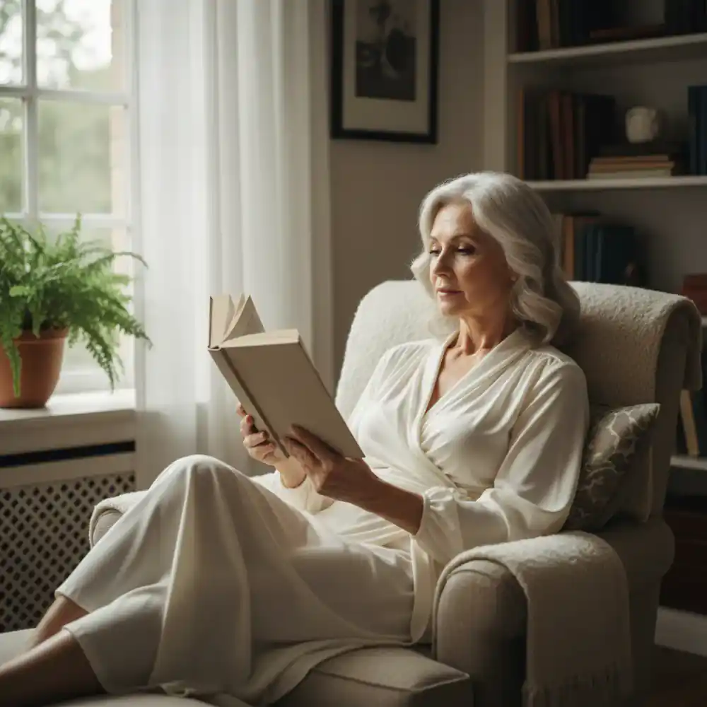 Elegante ältere Dame mit leicht anzuziehender Bluse, die entspannt ein Buch liest